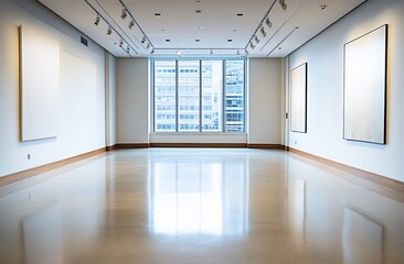 Obraz premium Empty modern art gallery with large windows and polished floor.