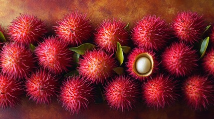 Fototapeta premium Rambutan fruit, vibrant red, one open.