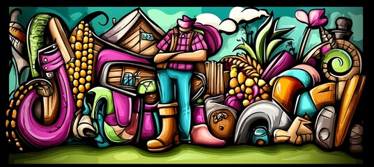 Cartoon illustration of a farmer amidst harvest and farm tools.