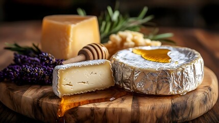 A wooden board with a variety of cheeses and honey drizzled on top