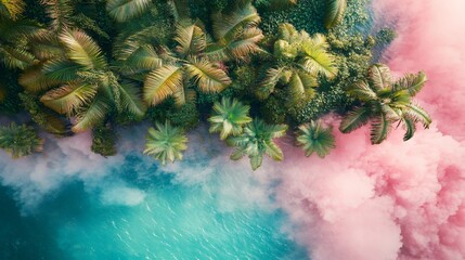 Aerial View Tropical Palm Trees Pink Blue Smoke