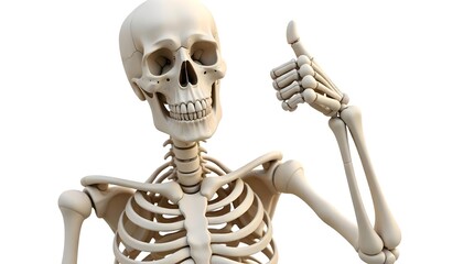 Healthy bones represented by a smiling skeleton giving a thumbs up