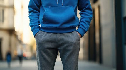 Grey trousers next to a blue hoodie a stylish juxtaposition