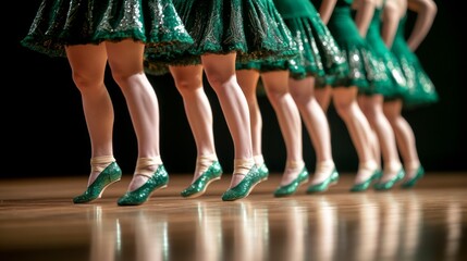 Close-up of the legs of Irish dancers in green dresses performing on stage, showcasing their shoes and precise footwork