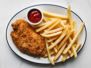Fried Chicken with French Fries and Ketchup.