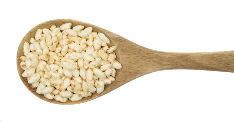 Puffed rice in wooden spoon, pops isolated on white, top view