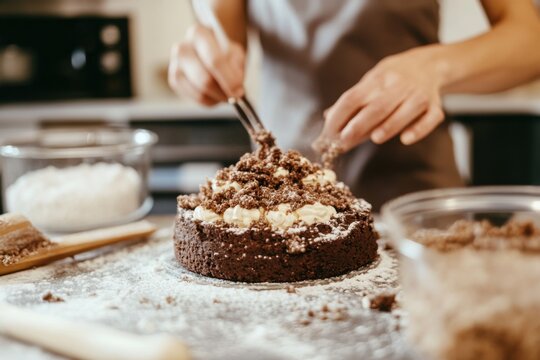 A detailed vegan baking process, in a well-lit kitchen, showcasing the creation of a plant-based dessert