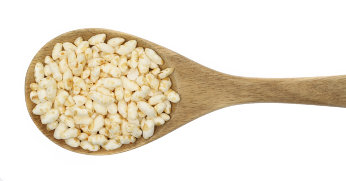 Puffed rice in wooden spoon, pops isolated on white, top view