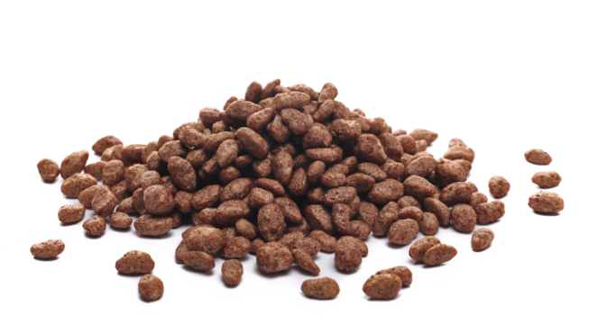 Chocolate rice flakes pile isolated on white, side view