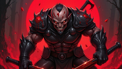 Fototapeta premium Intense blood hunter wielding weapons in dark forest, primal energy
