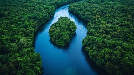 Serene Aerial View of a Lush Mangrove Forest and Winding River
