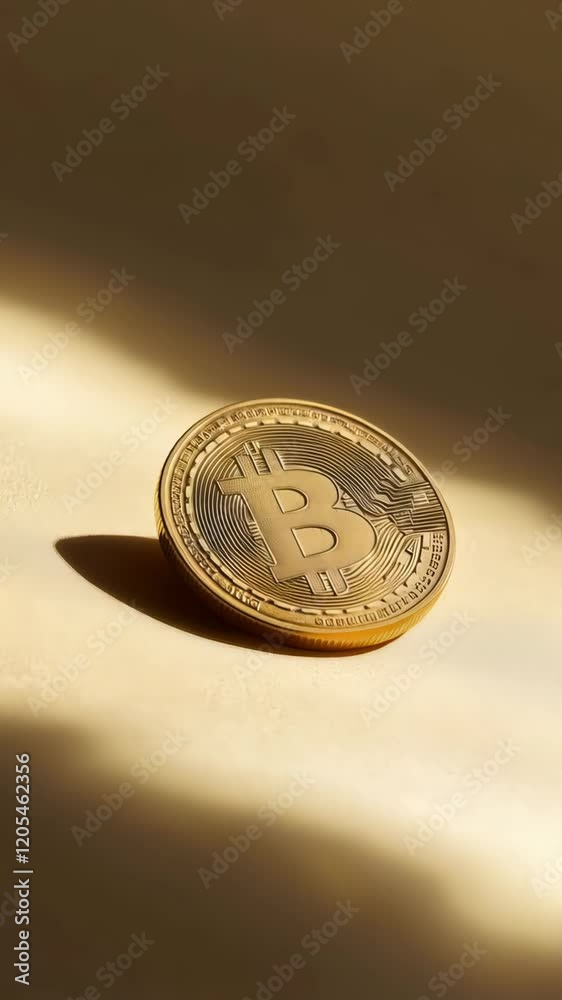 Poster Single golden bitcoin sits on a smooth surface, bathed in bright, contrasting light and shadow, creating a visually striking representation of cryptocurrency and investment