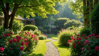 Obraz premium Lush garden pathway lined with blooming roses and greenery in soft sunlight for tranquil outdoor beauty, copy space