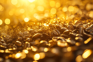 Coffee beans glisten in warm golden sunlight creating an inviting and aromatic atmosphere