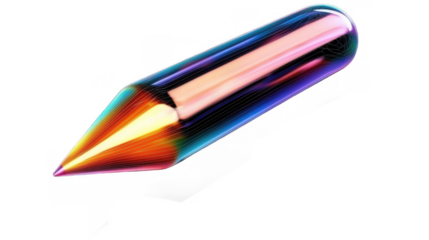A vibrant 3D render of a colorful pencil with a glowing, glass-like appearance. The pencil showcases various bright hues and a futuristic design.