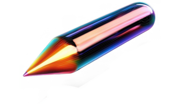 A vibrant 3D render of a colorful pencil with a glowing, glass-like appearance. The pencil showcases various bright hues and a futuristic design.