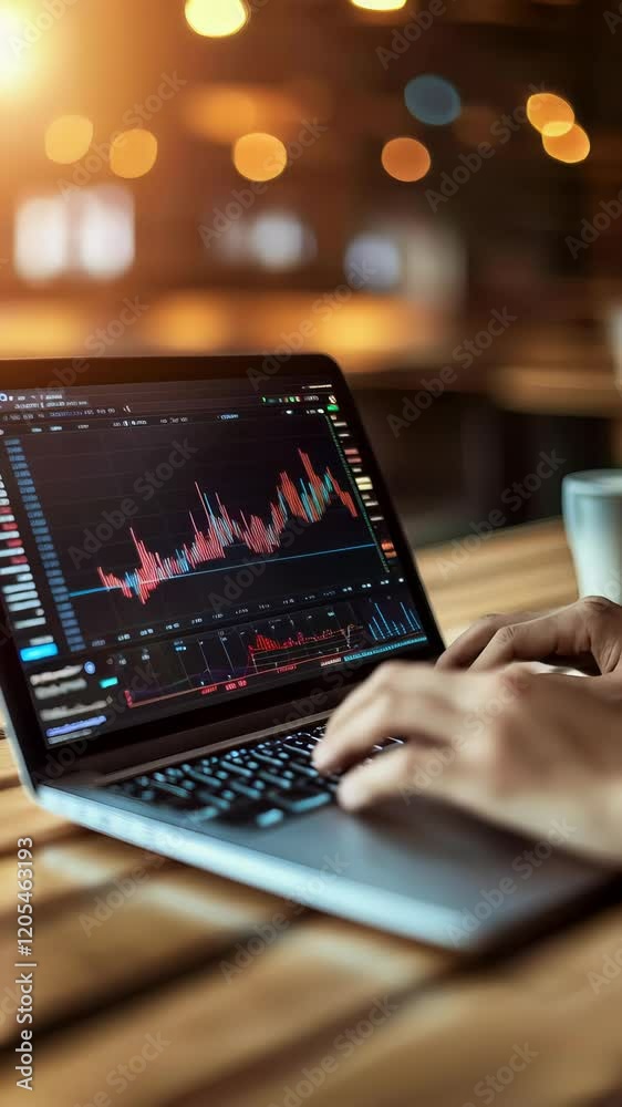 Poster Businessman is using laptop to analyze cryptocurrency investment while sitting at a table in a cafe, monitoring real time market data and making informed decisions