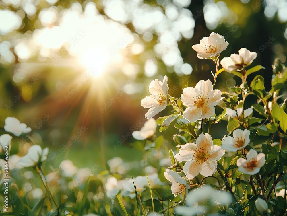 Canvas Prints Beautiful Blossoming White Flowers in Soft Morning Light with Sun Rays and Natural Green Background