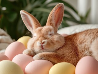 Adorable brown rabbit peacefully resting among colorful pastel eggs in a cozy spring setting with greenery in background