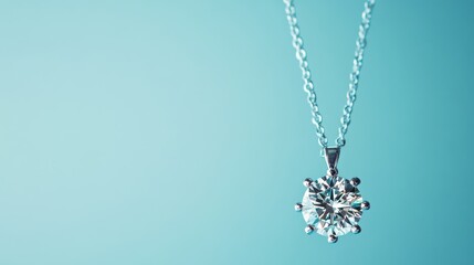A diamond pendant necklace on a subtle sky-blue gradient background