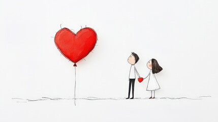 Romantic couple holding heart balloon in whimsical illustration for love-themed design projects
