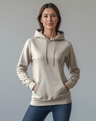 woman wearing a casual plain hoodie, mockup hoodie product