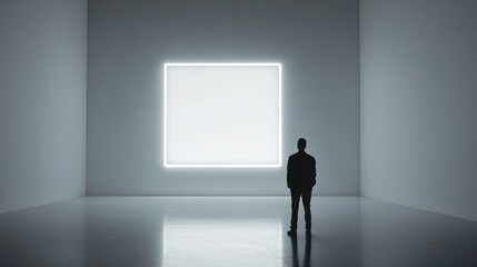 Fototapeta premium Minimalist figure in silhouette standing before a glowing square in a stark white room