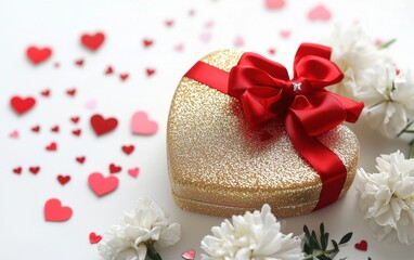 Fototapeta premium A shimmering gold heart-shaped gift box with a bold red bow, adorned with white carnations and heart confetti on a clean white background for Valentines Day and 8 March
