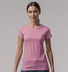 Fototapeta premium a woman standing and posing wearing a casual plain t-shirt for mock-up photo, fashion product