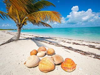Obraz premium Stunning Tropical Beach Scene with Seashells and Palm Tree