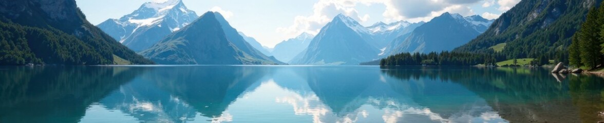 Obraz premium Serene lake waters reflect majestic Mont Blanc, still water, mirrored effect