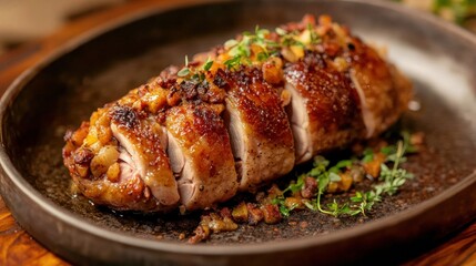 Oven-roasted duck with aromatic stuffing, served on a rustic plate with warm lighting for a cozy presentation