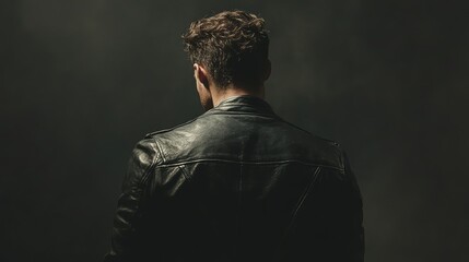 Man in leather jacket exudes charm with his back to the camera