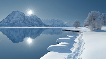 Stunning Winter Landscape in Norway: Snow-Covered Mountains and Frozen Lake