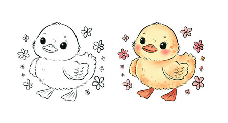 Adorable Duckling Illustration in Black and White and Full Color Surrounded by Flowers