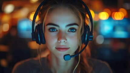 A woman wearing a headset is smiling at the camera