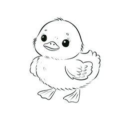 Adorable Duckling Illustration in Black and White Line Art Drawing for Coloring and Kids' Creative Activities
