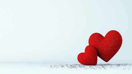 Two Red Hearts with Glitter on a Minimalist Background for Love and Romance Themes