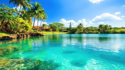 Naklejka premium A vibrant tropical coastline with lush coconut groves overlooking calm, crystal-clear water