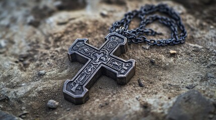 Realistic photo of a small iron snuff cross with delicate chain for roleplaying game use