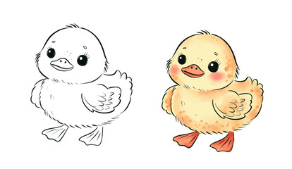 Adorable Duckling Illustration in Black and White and Full Color Surrounded by Flowers