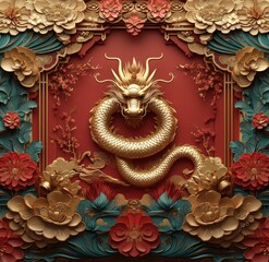 Fototapeta premium Elegant gold dragon in ornate Chinese photo frame design