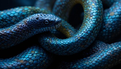 Fototapeta premium A close-up of a coiling snake with smooth scales that reflect the light. The curved body and expressive details convey the grace and mystery of this predator