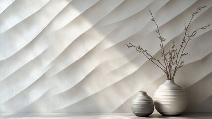 Textured wall with light and shadow play and two vases with decorative branches creating a modern ambiance