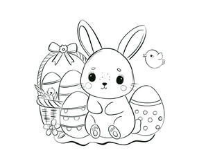 Cute Easter Bunny Coloring Page with Eggs and Flowers for Kids