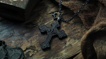 Realistic image of a small iron snuff cross with delicate chain for roleplaying games