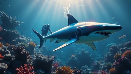 Obraz premium Diver Exploring Underwater Realm With A Great White Shark