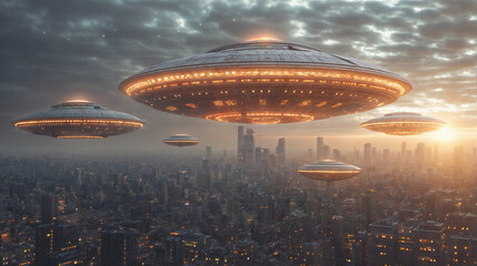 Fleet of large UFOs over a big city