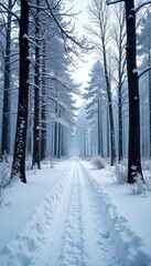 Fototapeta premium Frozen forest landscape with bare trees in winter snow, winter landscape, snowy woods