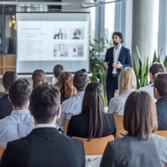 Obraz premium A professional seminar in a modern office, with a diverse audience seated and attentively listening to a speaker in front of a projector screen, highlighting learning, communication, and corporate tra